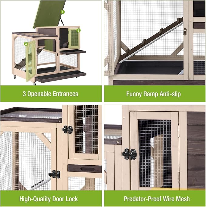 GUTINNEEN 2-Story Rabbit Hutch with Chew-Proof Ramp & Pull-Out Trays - Indoor/Outdoor 39.3" Wooden Rabbit Cage on Wheels for Rabbits, Guinea Pigs (Dark Brown)-Mewly Pet