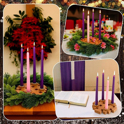 Mumufy 5 Pcs Advent Candle Holder Set Christmas Centerpiece Religious Decorations Snowflake Shape Wooden Advent Candlestick Holders with Purple Pink Taper Candles for Thanksgiving Christmas Nativity