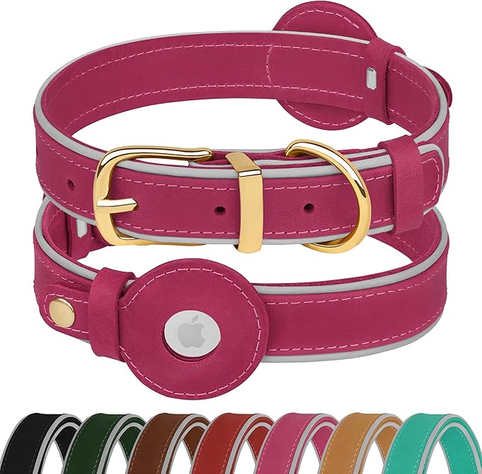 OOPSDOGGY Reflective Geniune Leather Airtag Dog Collar Soft Padded Collars for Small Medium Large Breed Dogs Puppy, 4 Sizes, 7 Colors (Pink, XLarge, 19"-24")-Mewly Pet