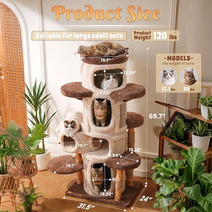 70'' Luxury Heavy Duty Cat Tree for Indoor Cats Adults,Treehouse Theme Large Cat Tower for Home Decoration,Multi-Level Modern Maine Coon Condo with 3*Wood Scratching Post,Perch,Huge House for Multicat-Mewly Pet