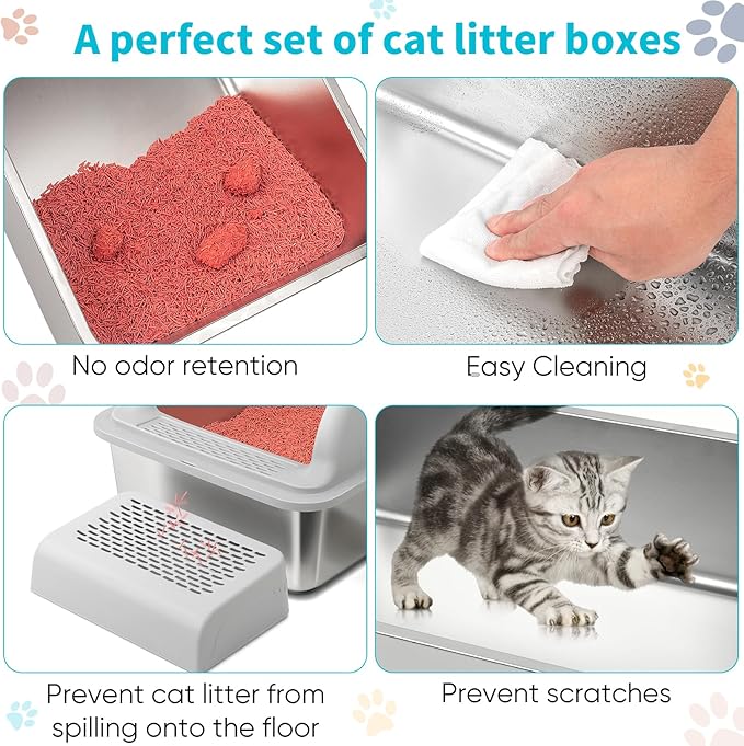 XL Stainless Steel Cat Litter Box with High Sided Lid for Big Cats, 23.5"L x 15.5"W x11.8"H, Metal Kitty Litter Tray with Scoop and Filter Pedal, Leak-Proof,Odorless,Non-Stick,Easy Cleaning-Mewly Pet