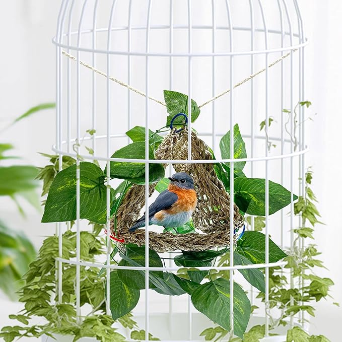 BNOSDM Bird Seagrass Mat, 3 PCS 7.1 x 7.1 Inches Parrot Natural Seagrass Woven Bird Net Hammock Mat, Parakeet Climbing Rope Ladder Chew Toys Hut Hideout for Lovebird Cockatiel Conure Budgie-Mewly Pet