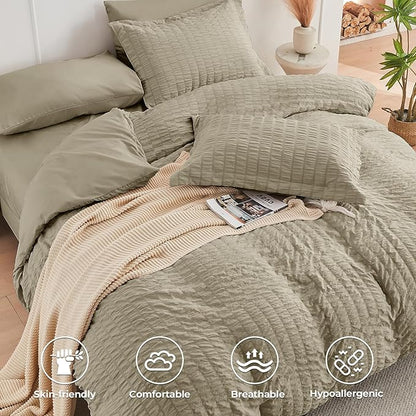 HYMOKEGE Linen Queen Comforter Set Seersucker 7 Pieces, All Season Luxury Bed in a Bag Queen for Bedroom, Bedding Set with Comforter, Sheets, Pillowcases & Shams