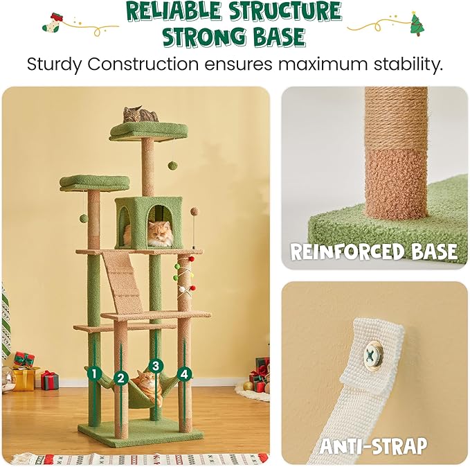 MWPO 70.1-Inch Green Large Cat Tree, Multi-Level Tall Cat Tower for Indoor Cats, Plush Cat Condo with Big Padded Perches, Sisal-Covered Scratching Posts, Hammock, Toys for Kittens & Cats-Mewly Pet