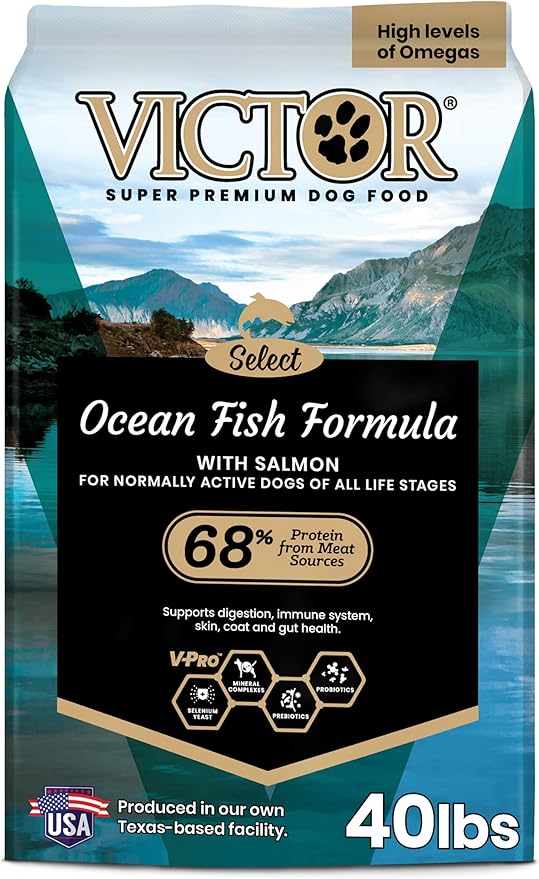 VICTOR Super Premium Dog Food – Select Ocean Fish Formula with Salmon – Omega-3 and Omega-6 Enriched Gluten-Free Dry Kibble for All Normally Active Dogs of All Life Stages, 40lbs-Mewly Pet