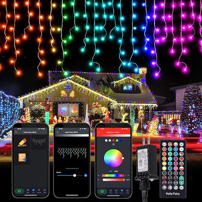 Brightown Smart Icicle Lights for Outside, 33Ft 304 LED RGB Smart Christmas Lights with 58 Preset Modes, App or Remote Control, Music Sync, Memory and Timer Function for Indoor/Outdoor Use
