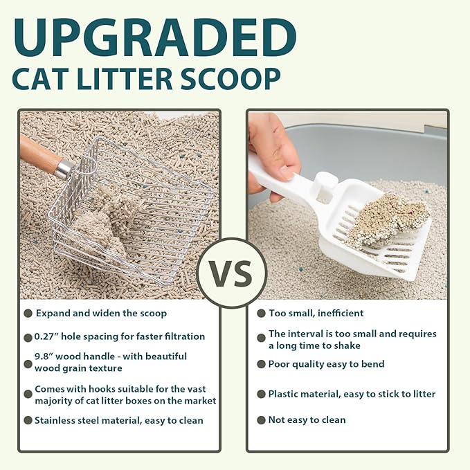 Cat Litter Scoop, Kitty Metal Scooper with Hook and Long Hole, Stainless Steel Kitten Poop Lifter for Litter Box, Non Stick, Durable and Heavy Duty Sifter for Easy Clean-Mewly Pet