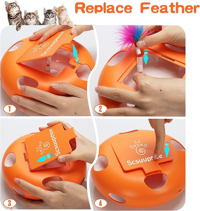 Interactive Cat Toy, Electric Cat Toys for Moving Concealed Feathers, Smart Sensor 7 Holes Whack a Mole Feather Toy, USB Charge Automatic Kitten Toys,Orange-Mewly Pet