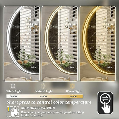 28 Inch Round LED Bathroom Mirror, Black Metal Framed Lighted Mirror for Bathroom, Wall Mouted LED Vanity Mirror with Lights, 3 Colors and Stepless Dimmable, Anti-Fog, Memory