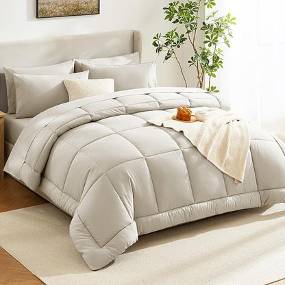 CozyLux King Size Comforter Set Oatmeal, 7 Pieces Bed in a Bag, Oatmeal Comforter King Size, All Season Bedding Sets with Stitch Quilted Comforter, Flat Sheet, Fitted Sheet, Pillowcases