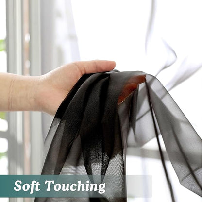 Chyhomenyc Black Sheer Curtains 90 Inches Long 2 Panels, Light Filtering Black Curtains for Living Room, Soft Gentle Voile Rod Pocket Bedroom Window Drapes, 59Wx90L Inch, 2PCS