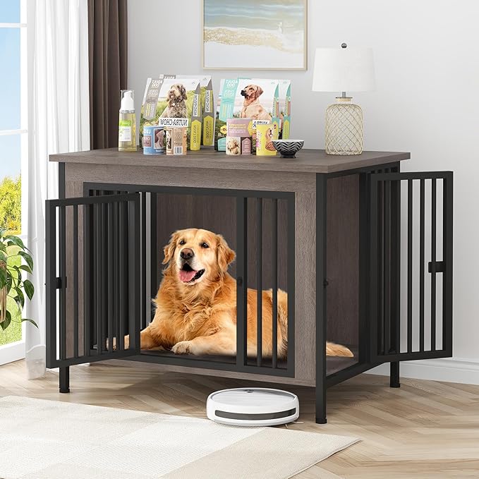 EasyCom 39.96" XL Wooden Large Dog Crate Furniture for Medium and Large Breed, Chew-Resistant Dog Kennel Furniture Indoor with 2 Doors and 3.94" Raised Feet, as TV Stand, End Table, Crate Table-Mewly Pet