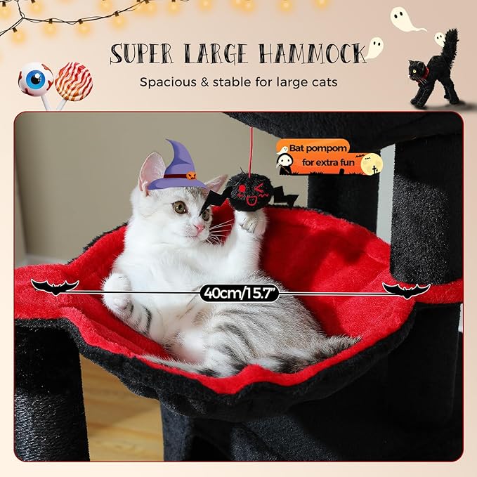 PAWZ Road Large Cat Tree, 41 Inches Gothic Cat Tower with 2 Spacious Condos for Indoor Cats, Large Black Cat House with Comfy Hammock, Padded Perch, Scratching Pad and Replaceable Balls-Black-Mewly Pet