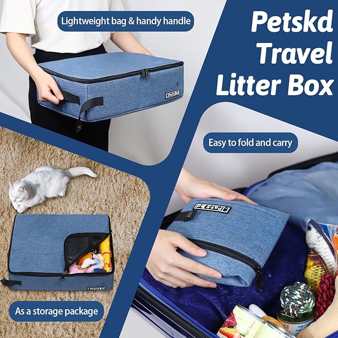 Petskd Portable Cat Travel Litter Box with Lid and 10 pcs Disposable Liner Bags, Leak-Proof and Collapsible, Cat Travel Essentials for Car, Hotel, Airplane and Other Outdoor Use(Blue)-Mewly Pet