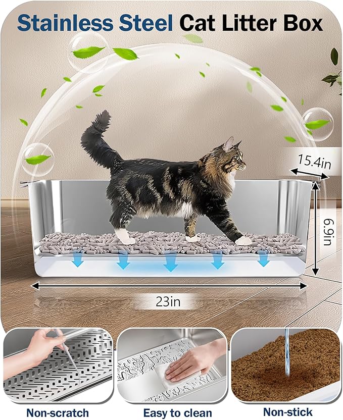 Stainless Steel Sifting Litter Box with Lid, Metal Litter Pan with Scoop for Big Cats Multi Cat, Extra Large Cats Litterbox Odor Control Easy Clean (24 * 16 * 12inch-Side Entry, X-Large)-Mewly Pet