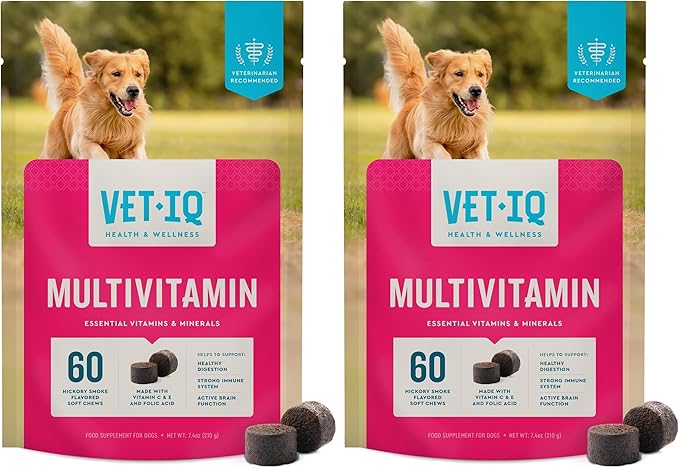 VetIQ Multivitamin Supplement for Dogs, Supports Active Brain Function, Immune System, and Digestive System, Hickory Smoke Flavored Dog Multivitamin, Made in The USA, 60 Count (Pack of 2)-Mewly Pet
