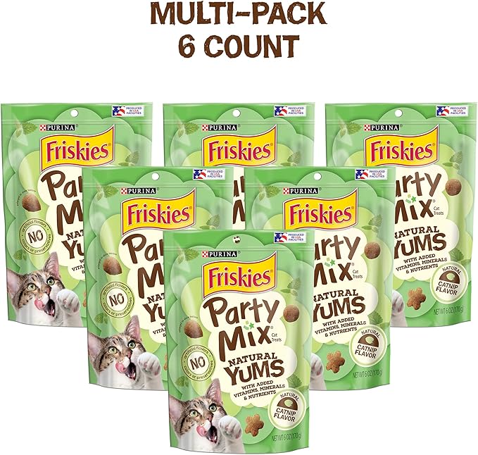 Purina Friskies Made in USA Facilities, Natural Cat Treats, Party Mix Natural Yums Catnip Flavor - (Pack of 6) 6 oz. Pouches-Mewly Pet
