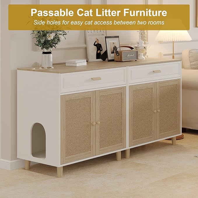 Cat Litter Box Enclosure Furniture Hidden - Indoor 2-in-1 Wooden Cat House & Washroom Cabinet with Scratching Board Doors and Drawer, 31.5”x21.6”x34.6”H-Mewly Pet