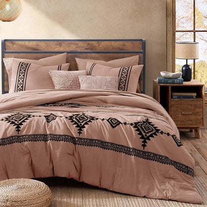 MaiRêve Embroidery King Size Comforter Set Dusty Pink, Boho Farmhouse Western Bedding Set 7 Pieces, All Season Bed in A Bag Comforter Set with Sheets, Pillowcases & Shams