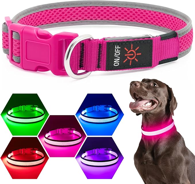 Flashseen LED Dog Collar, USB Rechargeable Light Up Dog Collar Lights, Adjustable Comfortable Soft Mesh Safety Pet Collar for Small, Medium, Large Dogs(Medium, Candy Pink)-Mewly Pet