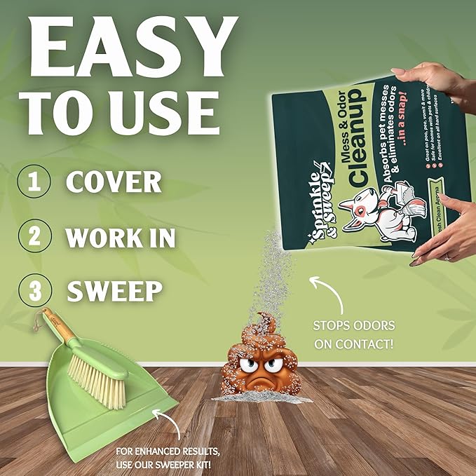 Sprinkle & Sweep Pet Accident Cleanup for all Hard Surface - Non Toxic Quick Pet Mess Cleaner & Odor Remover for Urine, Poop, Vomit, Diarrhea & Potty Training, Hair Balls (1Bag + Sweeper Kit)-Mewly Pet