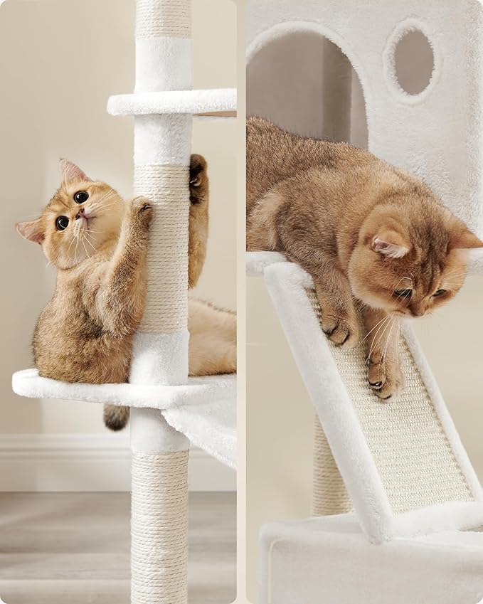 Feandrea Cat Tree, 81.1-Inch Large Cat Tower with 13 Scratching Posts, 2 Perches, 2 Caves, Basket, Hammock, Pompoms, Multi-Level Plush Cat Condo for Indoor Cats, Cream White UPCT190T01-Mewly Pet