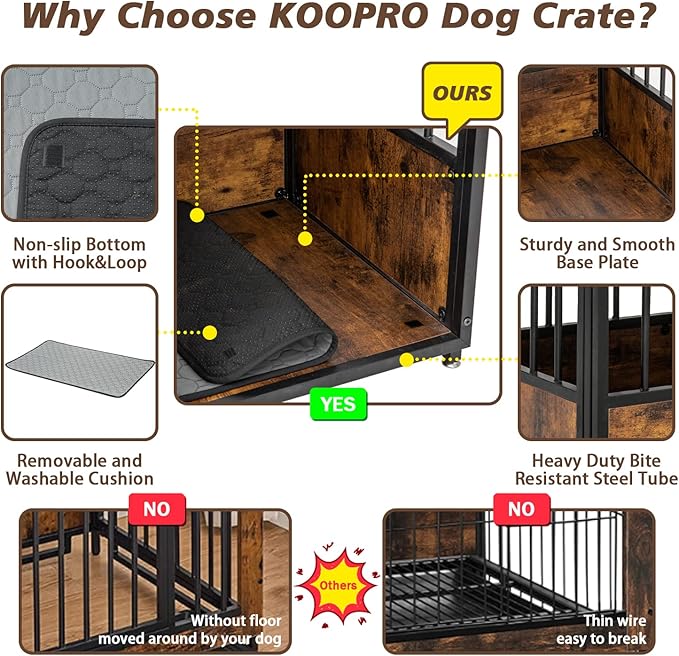 KOOPRO 40 Inch Dog Crate Furniture with Cushion for Large Medium Dogs, Wooden Heavy Duty Dog Kennel with Double Doors, Decorative Pet House Dog Cage Side End Table Indoor, Sliding Door Chew-Resistant-Mewly Pet