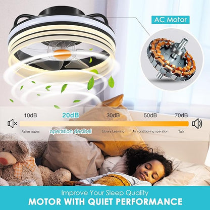 Flush Mount Ceiling Fan with Light - Small Low Profile Ceiling Fan,13" RGB Dimmable LED Bladeless Ceiling Fans, Modern Enclosed LED-RGB Ambient Light for Bedroom, Kids Room, Party
