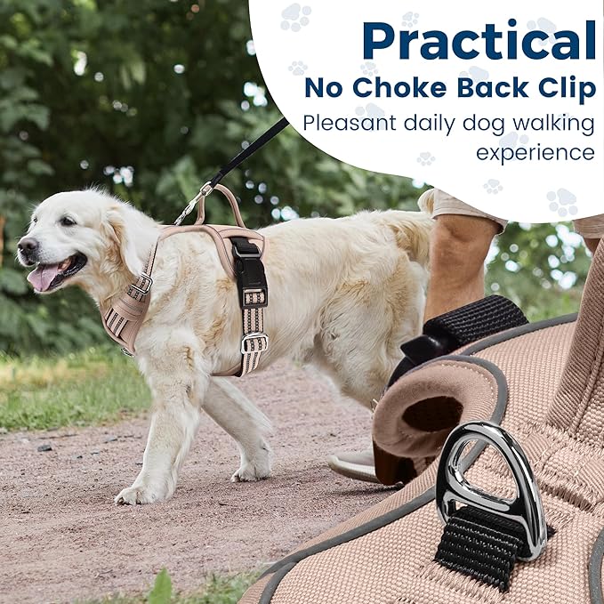 Funfox Dog Harness No Pull, Adjustable Pet Vest Harness, Super Soft Material with Vertical Handle Easy Control, Reflective Night Walking, 2 Leash Clips for Large Dogs, Brown, L-Mewly Pet