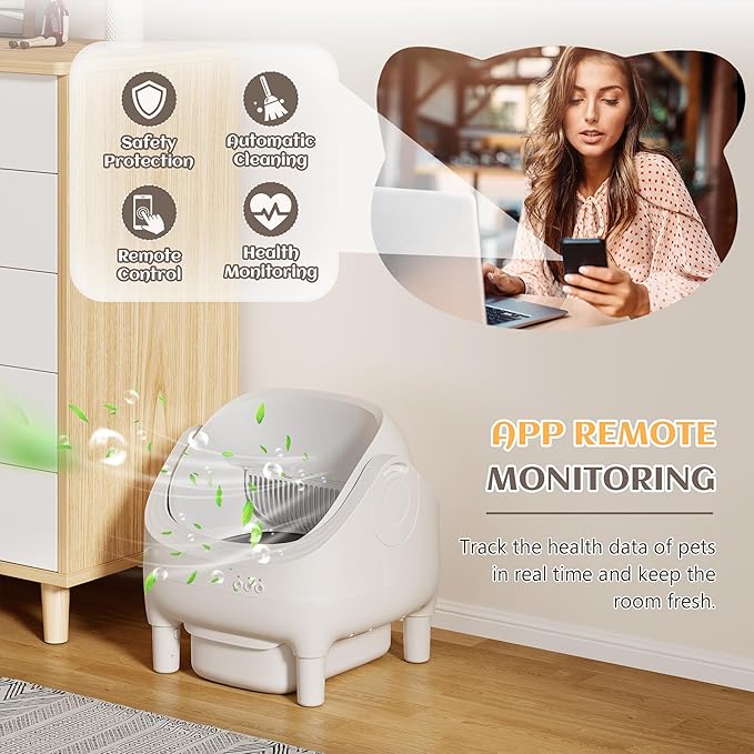 Greesum Automatic Self-Cleaning Litter Box for Cats - Open-Top Design, Easy Odor Control, Smart APP Control, 15L Large Waste Bin, Includes Trash Bags & Mat (White)-Mewly Pet