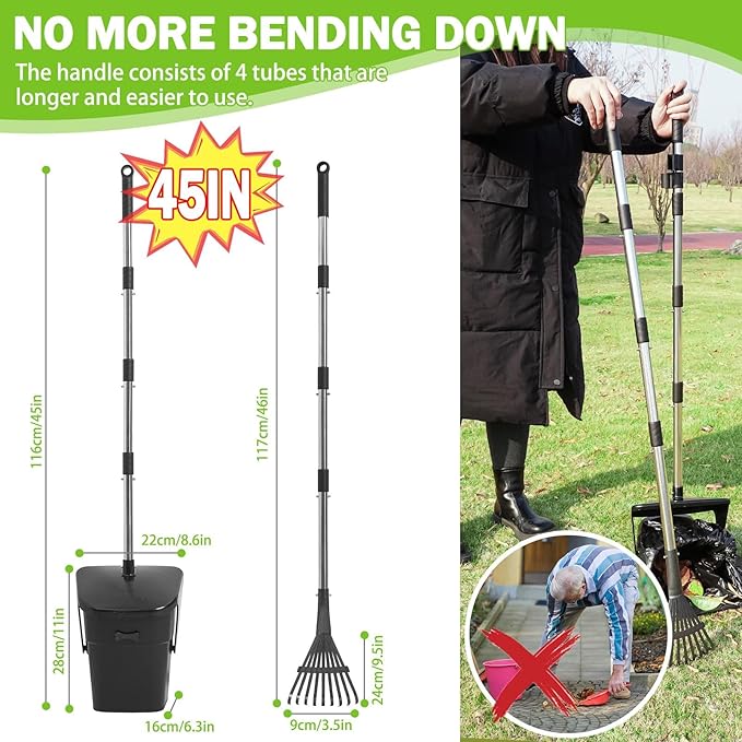 SCENEREAL Dog Pooper Scooper for Yard, Dog Poop Trash Can Outside Swivel Bin Rake Kit for Large Medium Small Dogs with 40 Waste Bags, Extra Long 45" Metal Handle, Portable Heavy Duty Outdoor Scooper-Mewly Pet