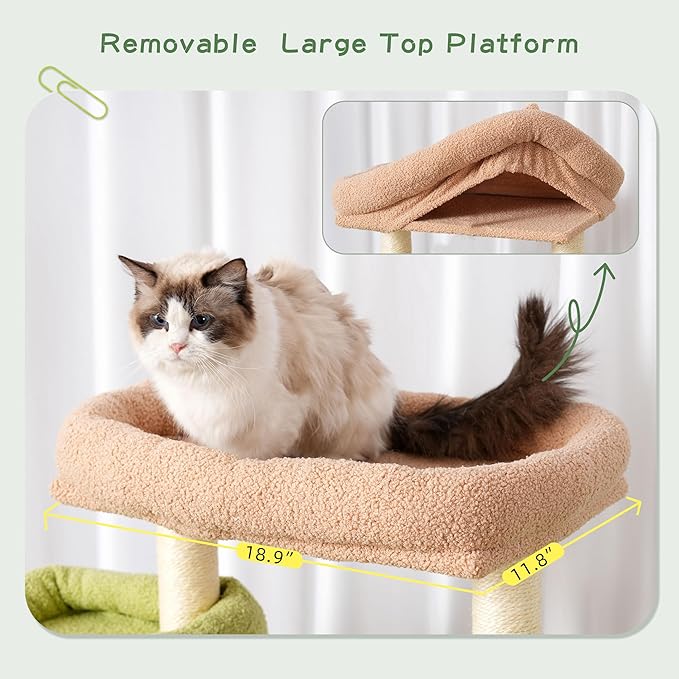 Cat Tree with Tunnel, Cat Tower for Indoor Cats, Tall Cactus Cat Tree Tower with Cat Condo, Food Station, Large Platform, Scratching Posts, Hammock, Green and Yellow GCT021GY-Mewly Pet