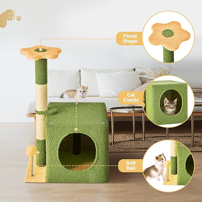 24 Inch Cat Tree Condo for Indoor Cats with Floral Sisal Scratching Post, Plush Hang Ball Play Furniture for Kittens Cats, Yellow-Mewly Pet