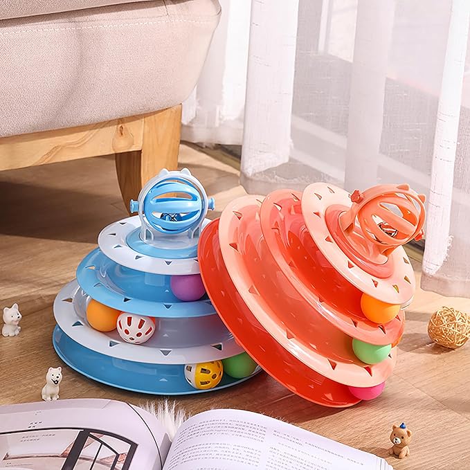 Vealind Cat Toy Roller 4-Level Turntable Cat Toys Balls with Colorful Pom Pom Balls Interactive Fun Mental Physical Exercise Puzzle Kitten Toys (Orange)-Mewly Pet