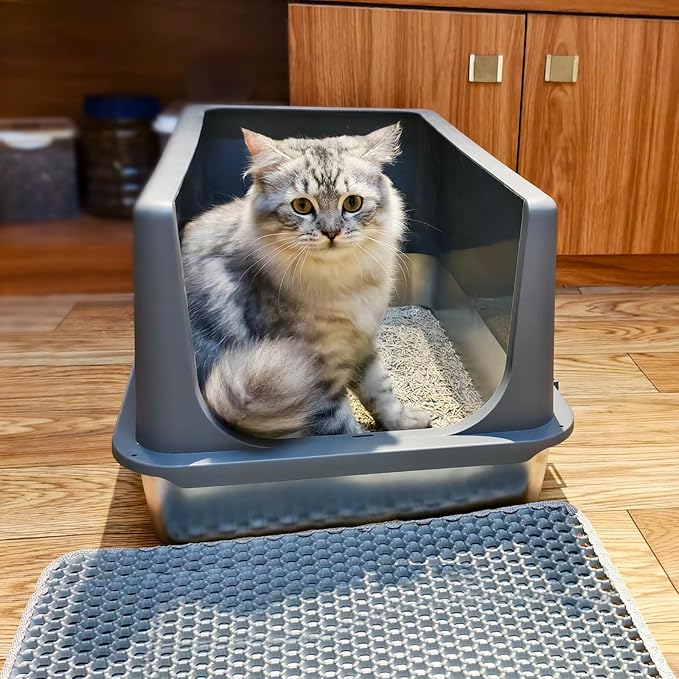 LIHONG Stainless Steel Litter Box with Lid, XL Metal Cat Litter Tray for Indoor Cats, Enclosure Cat Litter Pan for Large Cats, Non-Sticky Large Kitty Litter Box, Anti-Leakage, 23.5" X 15.6" X 12"-Mewly Pet