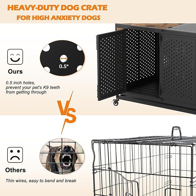42" Heavy Duty Dog Crate Furniture for Large and Medium Dogs, Enclosed Design with 0.5 inch Holes, Indestructible Metal Kennel for High Anxiety Dogs, Chew Proof Pet House Cage Indoor, Brown-Mewly Pet