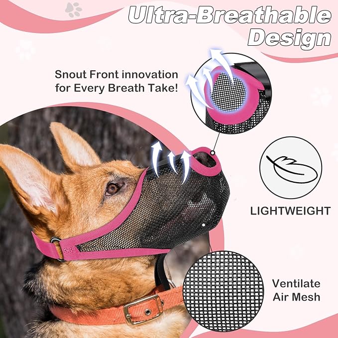 Dog Muzzle, Soft Air Mesh Muzzle for Small Medium Large Dogs Anti Biting Barking Chewing Scavenging, Breathable Adjustable Loop Pets Muzzle with Front Opening Design Allows Panting Drinking (Pink,XL)-Mewly Pet
