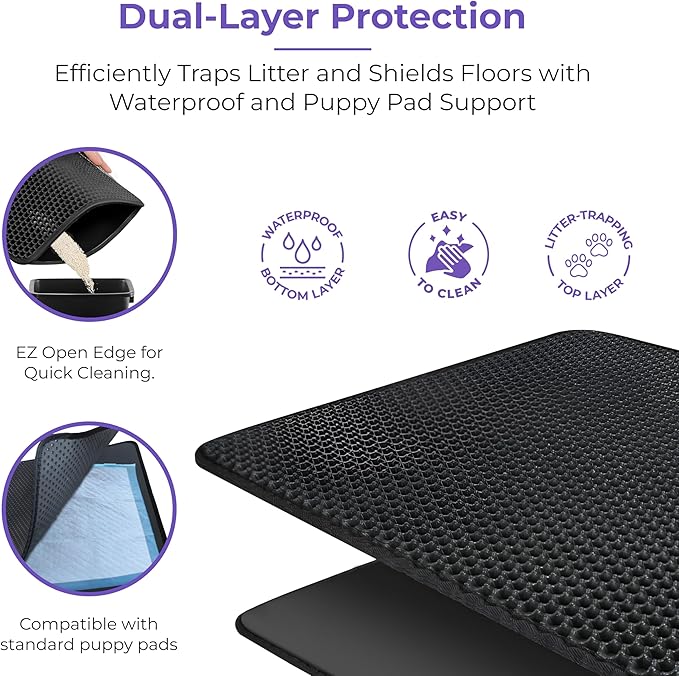 iPrimio Large Cat Litter Trapper Mat with Exclusive Urine/Waterproof Layer - Cat Litter Mat - Larger Holes with Urine Puppy Pad Option for Messy Cats - Soft on Paws and Light - 30" x 23" (Black) - 2pk-Mewly Pet