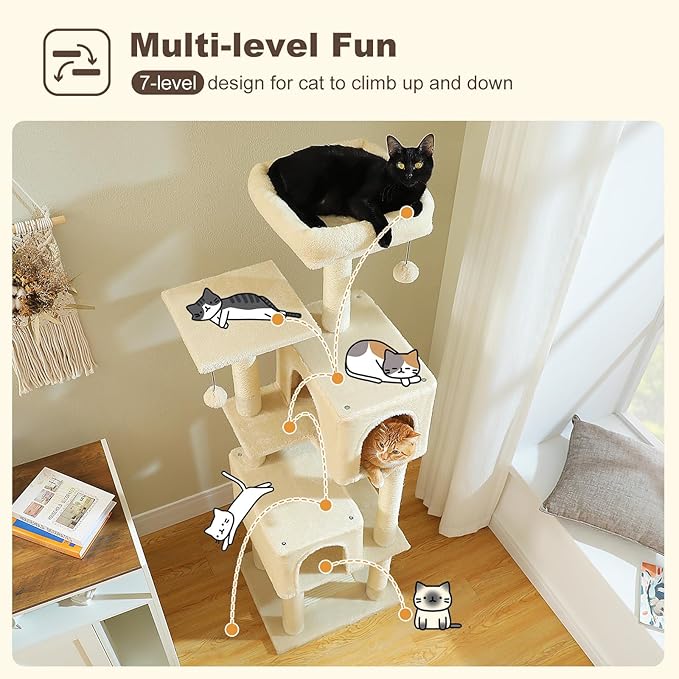 Cat Tree for Indoor Cats, Multi-Level Cat Tower with Sisal Scratching Posts, Padded Platform, Multi-Level Cat Condo w/Soft Bed & Scratching Pad, 2 Pompoms, Sturdy Base, Beige-Mewly Pet