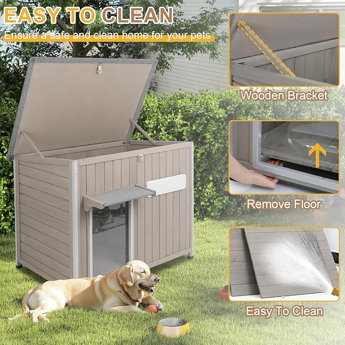 Weatherproof Outdoor Dog House, Wooden Puppy Shelter with Anti-Chewing Iron Frame and Elevated Floor, Sturdy Dog Kennel for Small, Medium & Large Dogs, Grey (Gray, 40" L x 26" W x 31" H)-Mewly Pet