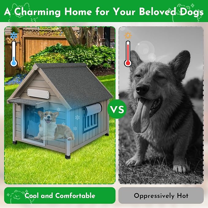 Outdoor Dog House Weatherproof Large Wooden Dog Kennel Indoor for Small Dogs with Chew-Proof Frame, Oxford Fabric Window, Removable Floor Pet Shelter (Grey, 26" D x 31.9" W x 32" H)-Mewly Pet