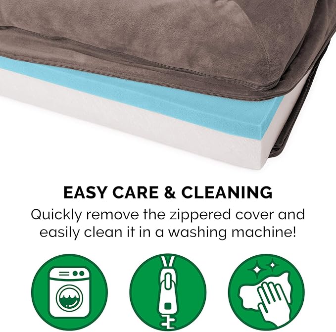 Furhaven Cooling Gel Dog Bed for Large Dogs w/ Removable Bolsters & Washable Cover, For Dogs Up to 125 lbs - Faux Fur & Velvet Sofa - Driftwood Brown, Jumbo Plus/XXL-Mewly Pet