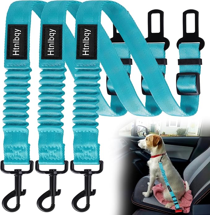 3 Pack Thickened Adjustable Dog Car Harness, Retractable Dog Car Harness Adjustable Dog Seat Belt for Car, Dog Car Leash Made of Thickened Nylon Material and Reinforced Metal Hook, Light Blue-Mewly Pet