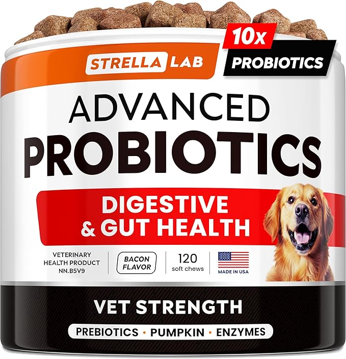 STRELLALAB Vet Strength Dog Probiotics Treats - 1 Billion CFU + Digestive Enzymes + Prebiotics - Chewable Fiber Supplement w/Pumpkin - Allergy, Diarrhea, Gas, Constipation, Upset Stomach Relief-Mewly Pet