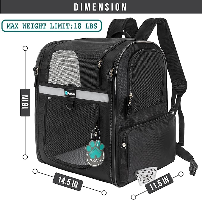 PetAmi Dog Backpack Carrier for Small Large Cat, Pet, Puppies, Ventilated Pet Hiking Backpack Travel Bag, Airline Approved Cat Backpack Carrier, Safety Back Support, Camping Biking, Max 18 lbs, Black-Mewly Pet