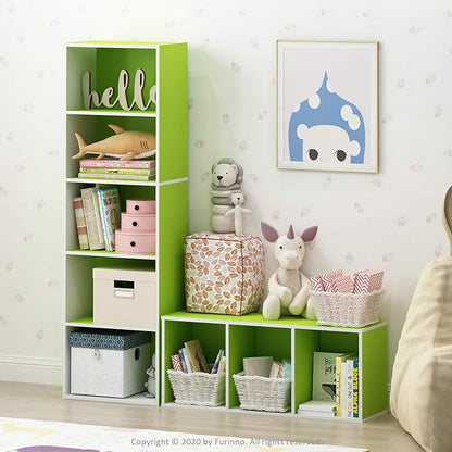 Furinno LUDER Book Shelf, 5-Tier Bookshelf, Bookcase, 9.4" x 15.8" x 52", for Living Room, Bedroom, Home Office, White/Green