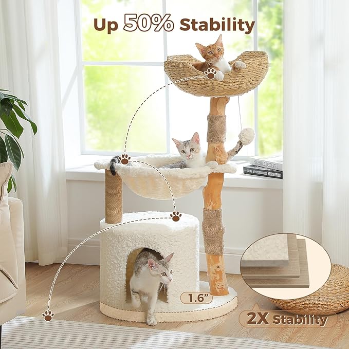 PAWZ Road Modern Cat Tree with Natural Solid Wood Scratching Post, 40 Inches Cat Tower with Spacious Wicker Basket,Large Hammock,Luxury Condo for Indoor Cats-Mewly Pet
