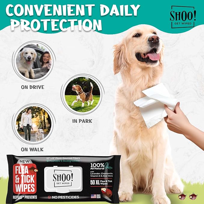 Shoo! Flea & Tick Wipes for Dogs | Convenient, Easy On-The-Go Protection | Plant Based, Natural Oils, Chemical Free | Repels & Prevents | 50 XL Wipes (2 Pack) | Original -Lavender-Mewly Pet