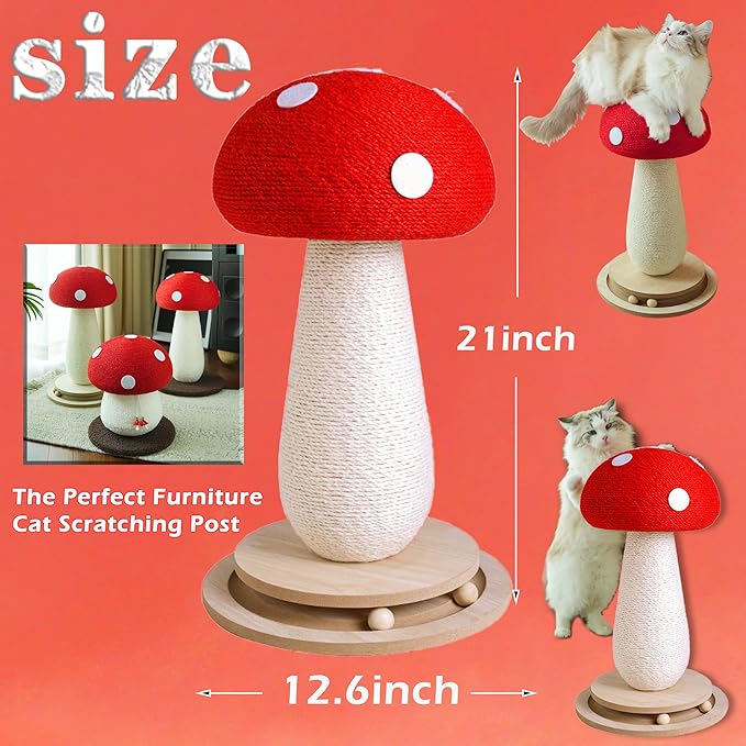 Cat Scratching Post Mushroom Cat Tree with Natural Sisal, Weighted Base & Interactive Ball - for Kittens to Adult Cats - Perfect for Indoor Cats (Red, Large 21 in, 7)-Mewly Pet