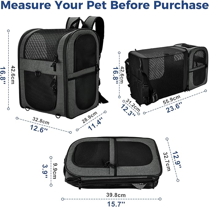 Apollo Walker Pet Carrier Backpack for Large/Small Cats and Dogs, Puppies, Safety Features and Cushion Back Support for Travel, Hiking, Outdoor Use (Gray-Expandable)-Mewly Pet